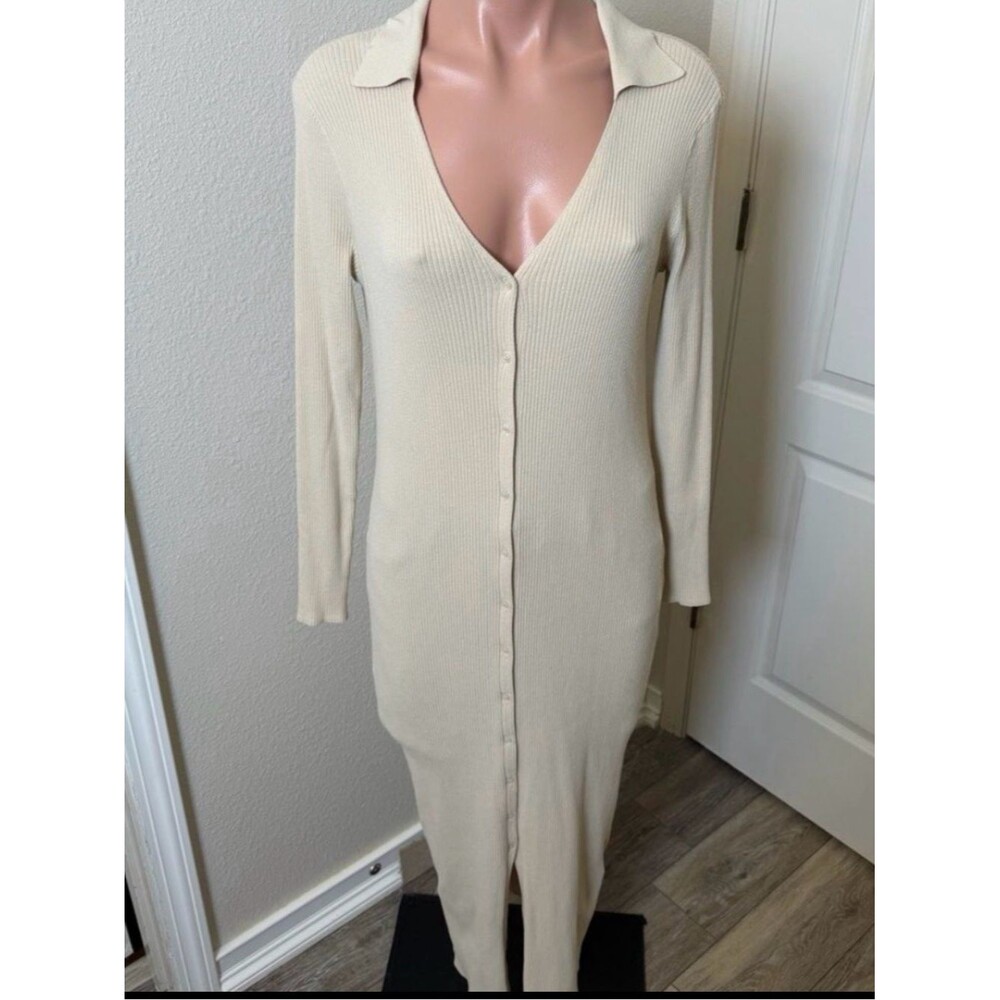 H&M Ribbed Maxi Bodycon Elegant Cream Long Sleeve Dress Sz M